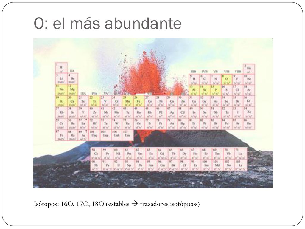 O: el más abundante Isótopos: 16O, 17O, 18O (estables  trazadores isotópicos)