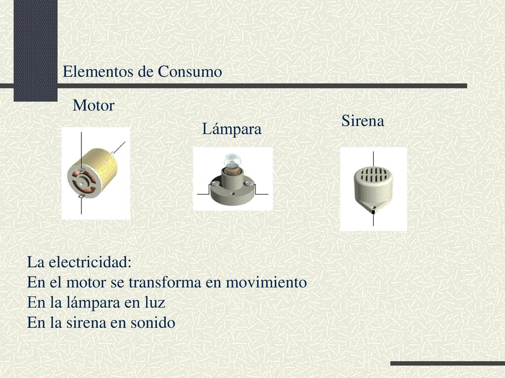 Elementos de Consumo Motor. Sirena. Lámpara. La electricidad: En el motor se transforma en movimiento.