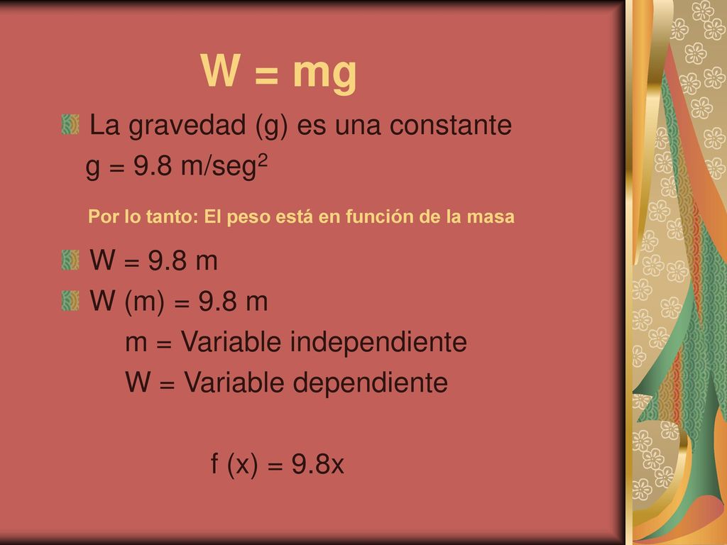 W = mg La gravedad (g) es una constante g = 9.8 m/seg2