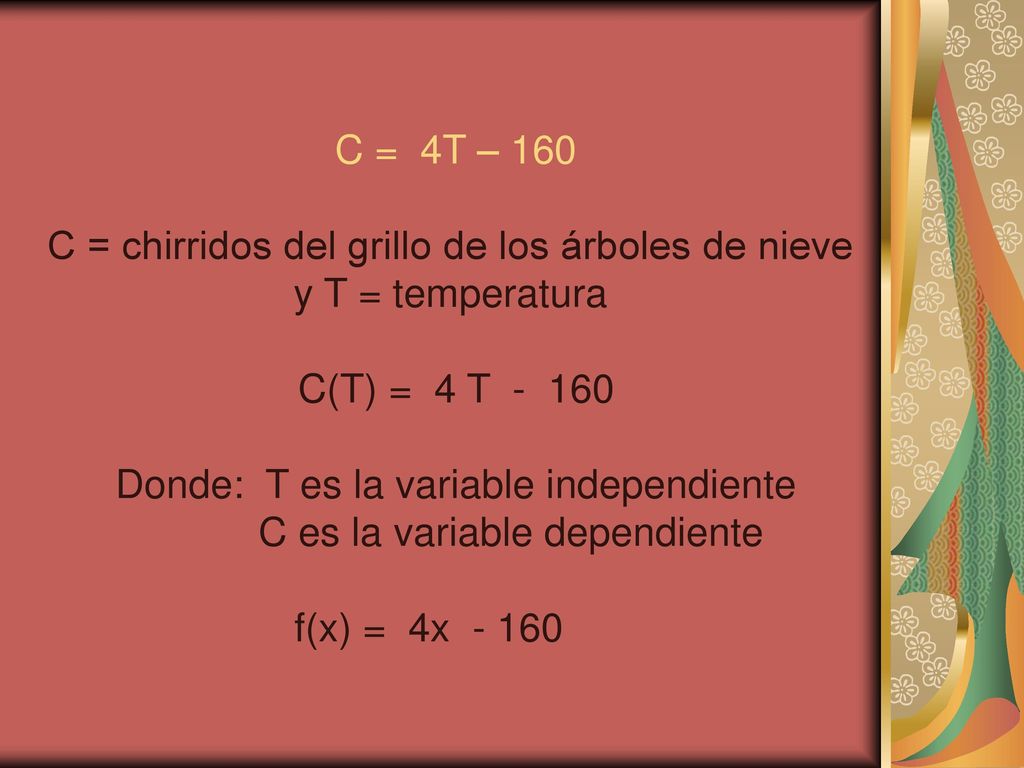 C = chirridos del grillo de los árboles de nieve y T = temperatura
