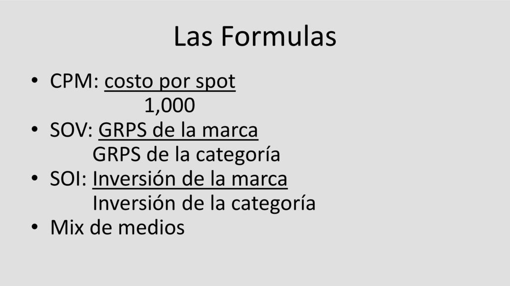 Las Formulas CPM: costo por spot 1,000 SOV: GRPS de la marca
