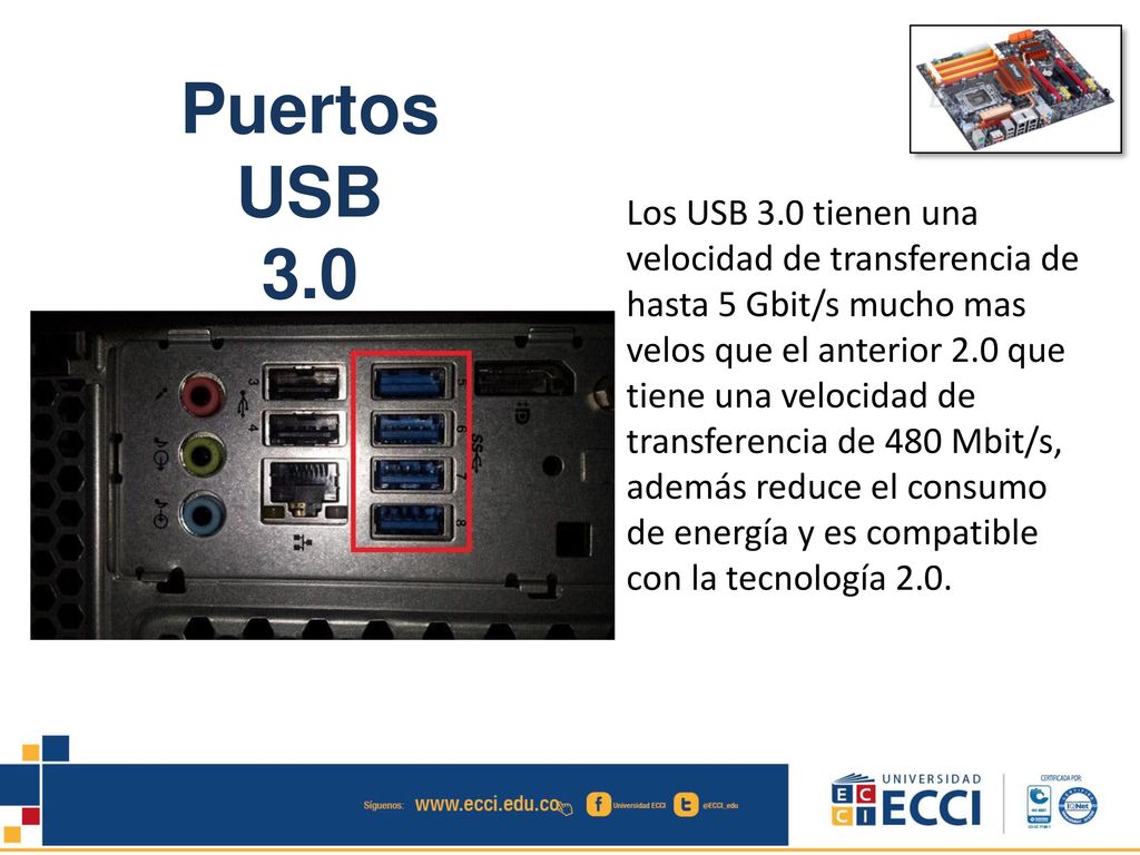 Los USB 3.0 tienen una velocidad de transferencia de hasta 5 Gbit/s mucho mas velos que el anterior 2.0 que tiene una velocidad de transferencia de 480 Mbit/s, además reduce el consumo de energía y es compatible con la tecnología 2.0.