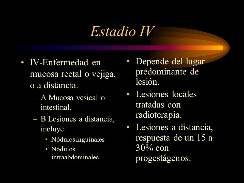 Estadio IV IV-Enfermedad en mucosa rectal o vejiga, o a distancia.