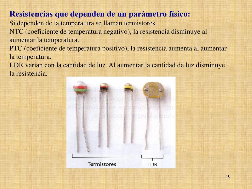 Resistencias que dependen de un parámetro físico: Si dependen de la temperatura se llaman termistores.