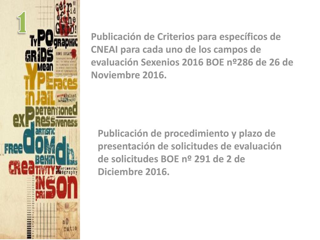 1 1. Publicación de Criterios para específicos de CNEAI para cada uno de los campos de evaluación Sexenios 2016 BOE nº286 de 26 de Noviembre