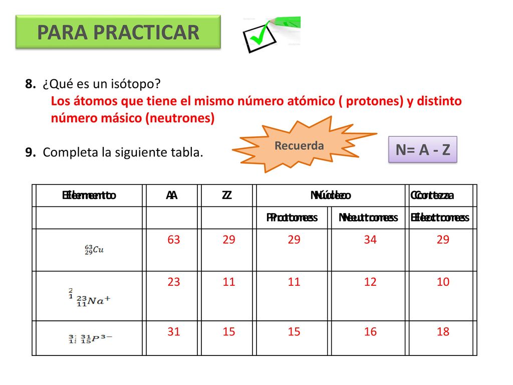 PARA PRACTICAR N= A - Z 8. ¿Qué es un isótopo