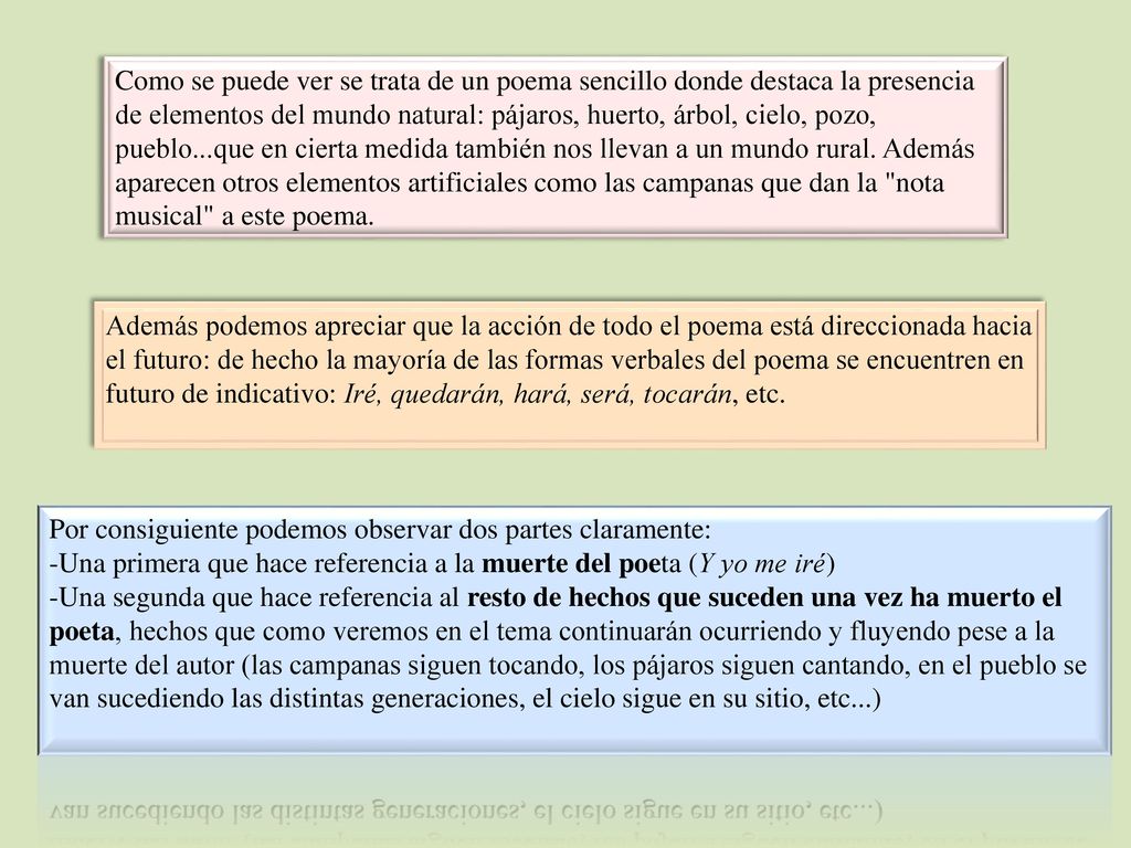 Como se puede ver se trata de un poema sencillo donde destaca la presencia de elementos del mundo natural: pájaros, huerto, árbol, cielo, pozo, pueblo...que en cierta medida también nos llevan a un mundo rural. Además aparecen otros elementos artificiales como las campanas que dan la nota musical a este poema.