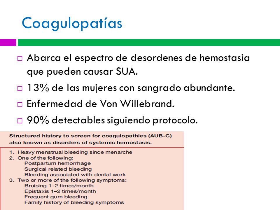 Coagulopatías Abarca el espectro de desordenes de hemostasia que pueden causar SUA. 13% de las mujeres con sangrado abundante.