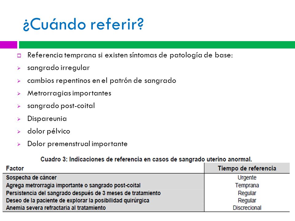 ¿Cuándo referir Referencia temprana si existen síntomas de patología de base: sangrado irregular.