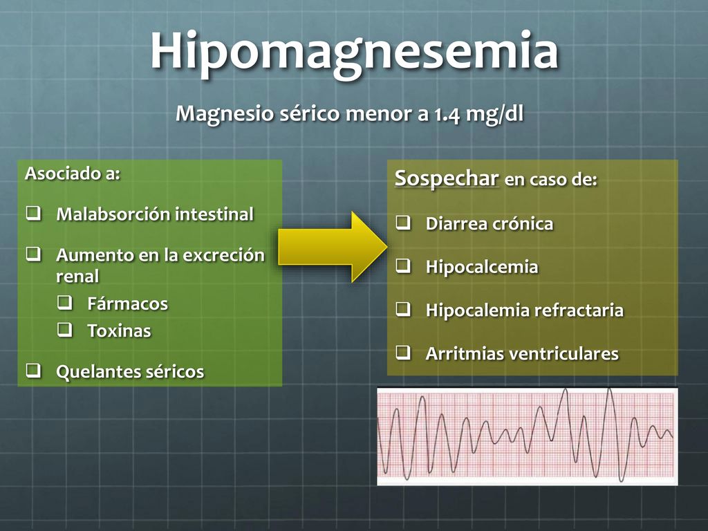 Hipomagnesemia Magnesio sérico menor a 1.4 mg/dl Sospechar en caso de: