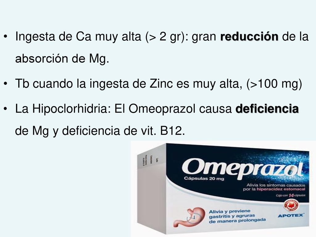 Ingesta de Ca muy alta (> 2 gr): gran reducción de la absorción de Mg.