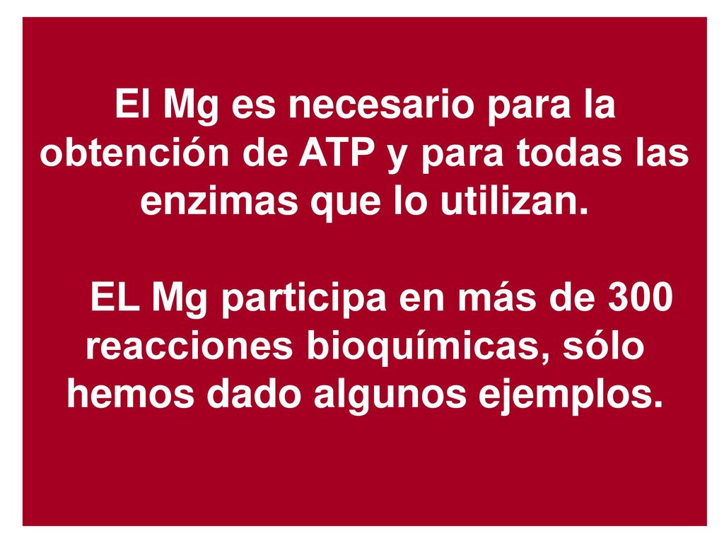 El Mg es necesario para la obtención de ATP y para todas las enzimas que lo utilizan.