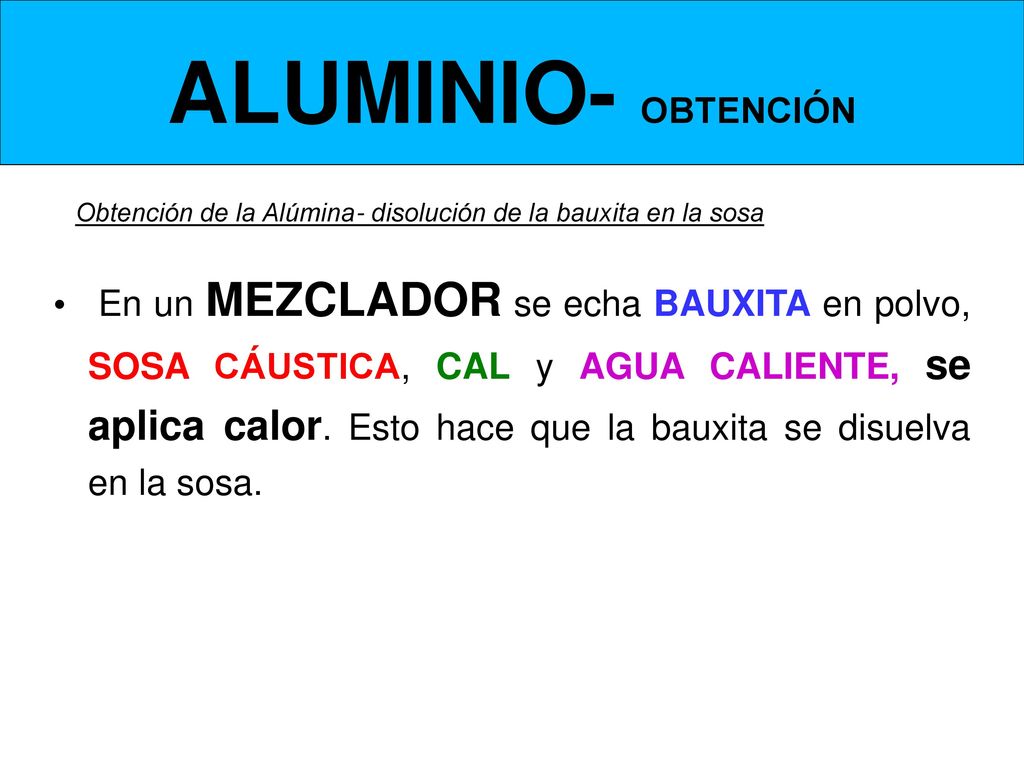 ALUMINIO- OBTENCIÓN Obtención de la Alúmina- disolución de la bauxita en la sosa.