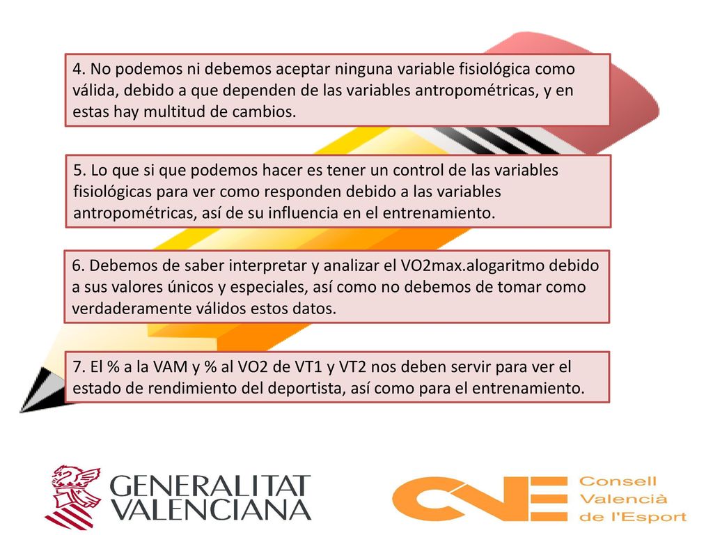 4. No podemos ni debemos aceptar ninguna variable fisiológica como válida, debido a que dependen de las variables antropométricas, y en estas hay multitud de cambios.