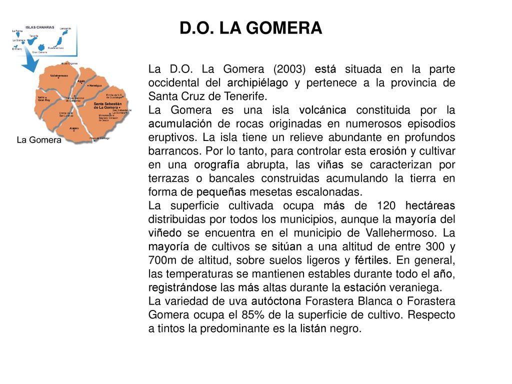 D.O. LA GOMERA La D.O. La Gomera (2003) está situada en la parte occidental del archipiélago y pertenece a la provincia de Santa Cruz de Tenerife.