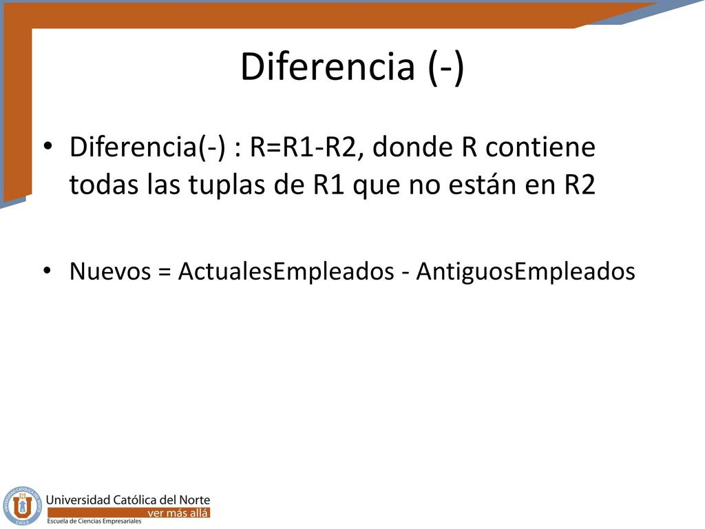 Diferencia (-) Diferencia(-) : R=R1-R2, donde R contiene todas las tuplas de R1 que no están en R2.