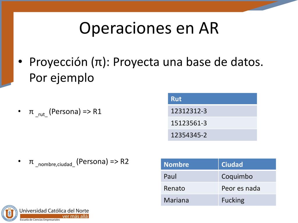 Operaciones en AR Proyección (π): Proyecta una base de datos. Por ejemplo. π _rut_ (Persona) => R1.