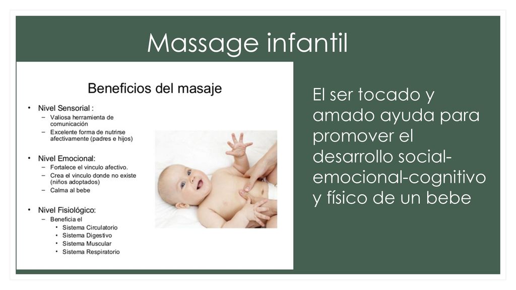 Massage infantil El ser tocado y amado ayuda para promover el desarrollo social-emocional-cognitivo y físico de un bebe.