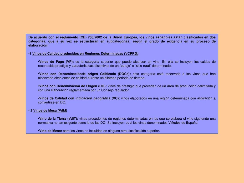 De acuerdo con el reglamento (CE) 753/2002 de la Unión Europea, los vinos españoles están clasificados en dos categorías, que a su vez se estructuran en subcategorías, según el grado de exigencia en su proceso de elaboración: