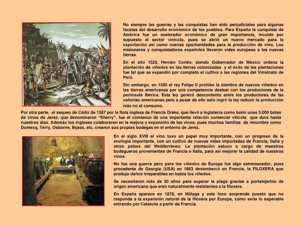No siempre las guerras y las conquistas han sido perjudiciales para algunas facetas del desarrollo económico de los pueblos. Para España la conquista de América fue un acelerador económico de gran importancia, incuido por supuesto el sector vinícola, pues se abrió un nuevo mercado para la exportación así como nuevas oportunidades para la producción de vino. Los misioneros y conquistadores españoles llevaron vides europeas a las nuevas tierras.