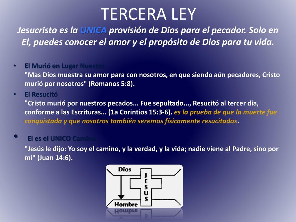 TERCERA LEY Jesucristo es la UNICA provisión de Dios para el pecador. Solo en El, puedes conocer el amor y el propósito de Dios para tu vida.