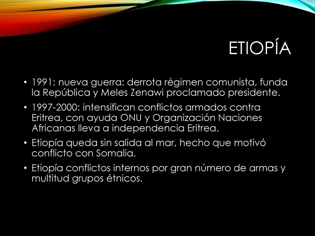 Etiopía 1991: nueva guerra: derrota régimen comunista, funda la República y Meles Zenawi proclamado presidente.