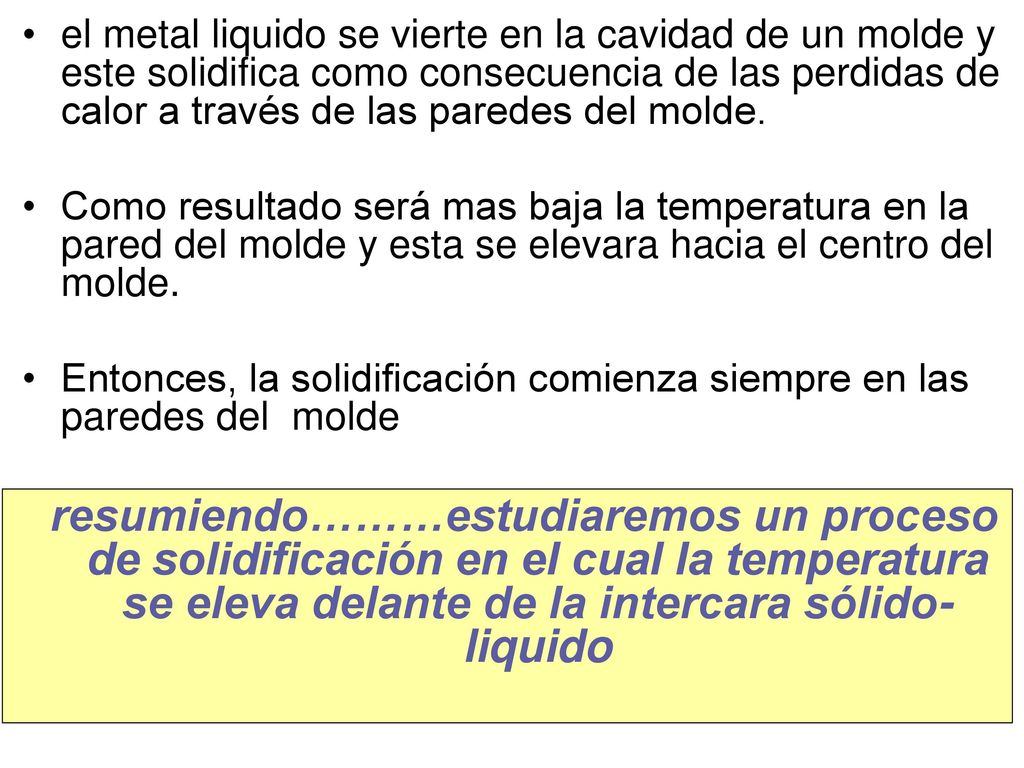 el metal liquido se vierte en la cavidad de un molde y este solidifica como consecuencia de las perdidas de calor a través de las paredes del molde.