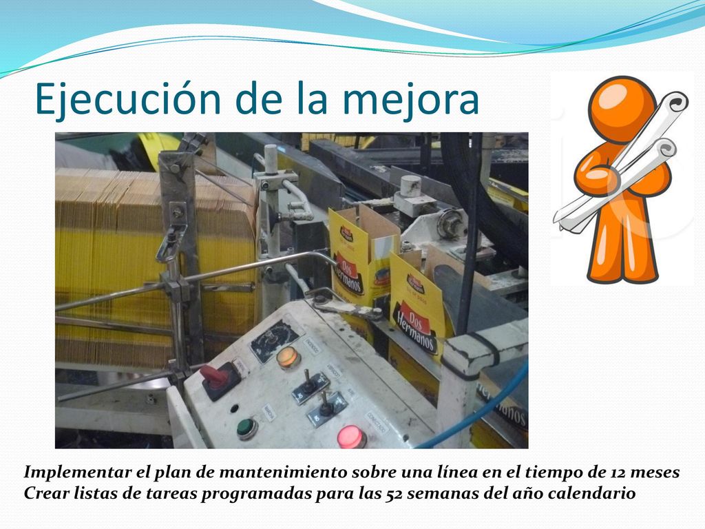 Ejecución de la mejora Implementar el plan de mantenimiento sobre una línea en el tiempo de 12 meses.
