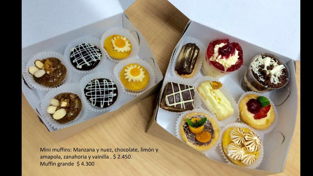 Mini muffins: Manzana y nuez, chocolate, limón y amapola, zanahoria y vainilla . $