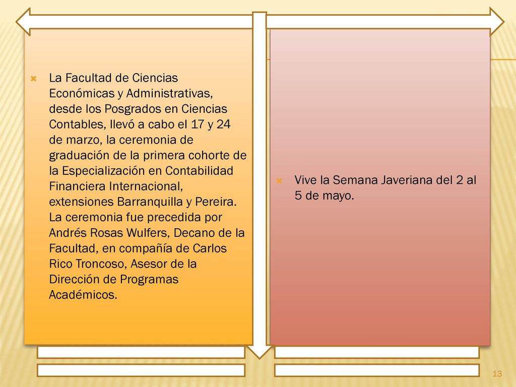 La Facultad de Ciencias Económicas y Administrativas, desde los Posgrados en Ciencias Contables, llevó a cabo el 17 y 24 de marzo, la ceremonia de graduación de la primera cohorte de la Especialización en Contabilidad Financiera Internacional, extensiones Barranquilla y Pereira. La ceremonia fue precedida por Andrés Rosas Wulfers, Decano de la Facultad, en compañía de Carlos Rico Troncoso, Asesor de la Dirección de Programas Académicos.