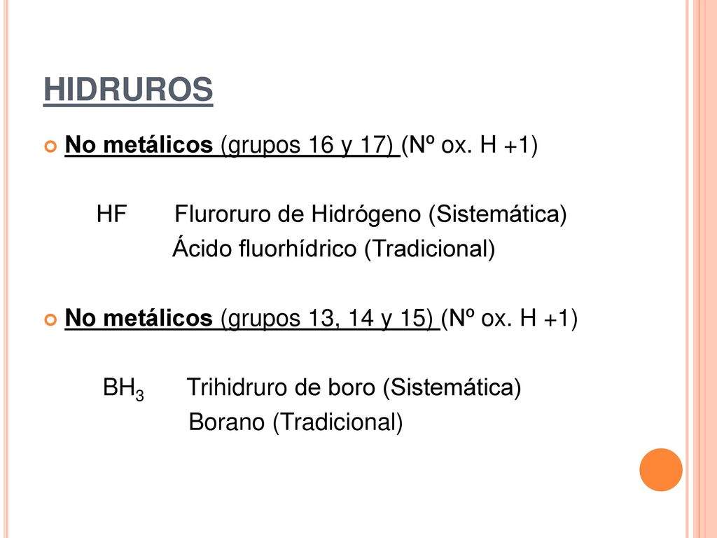 HIDRUROS No metálicos (grupos 16 y 17) (Nº ox. H +1)