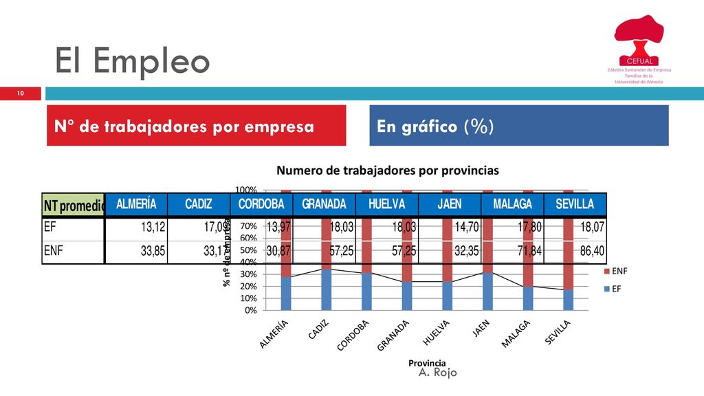 El Empleo Nº de trabajadores por empresa En gráfico (%) A. Rojo