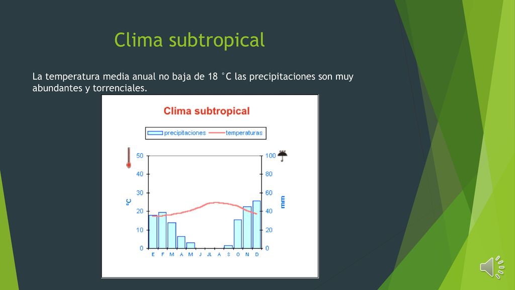 Clima subtropical La temperatura media anual no baja de 18 °C las precipitaciones son muy abundantes y torrenciales.