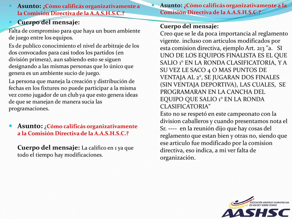 Asunto: ¿Cómo calificás organizativamente a la Comisión Directiva de la A.A.S.H.S.C.