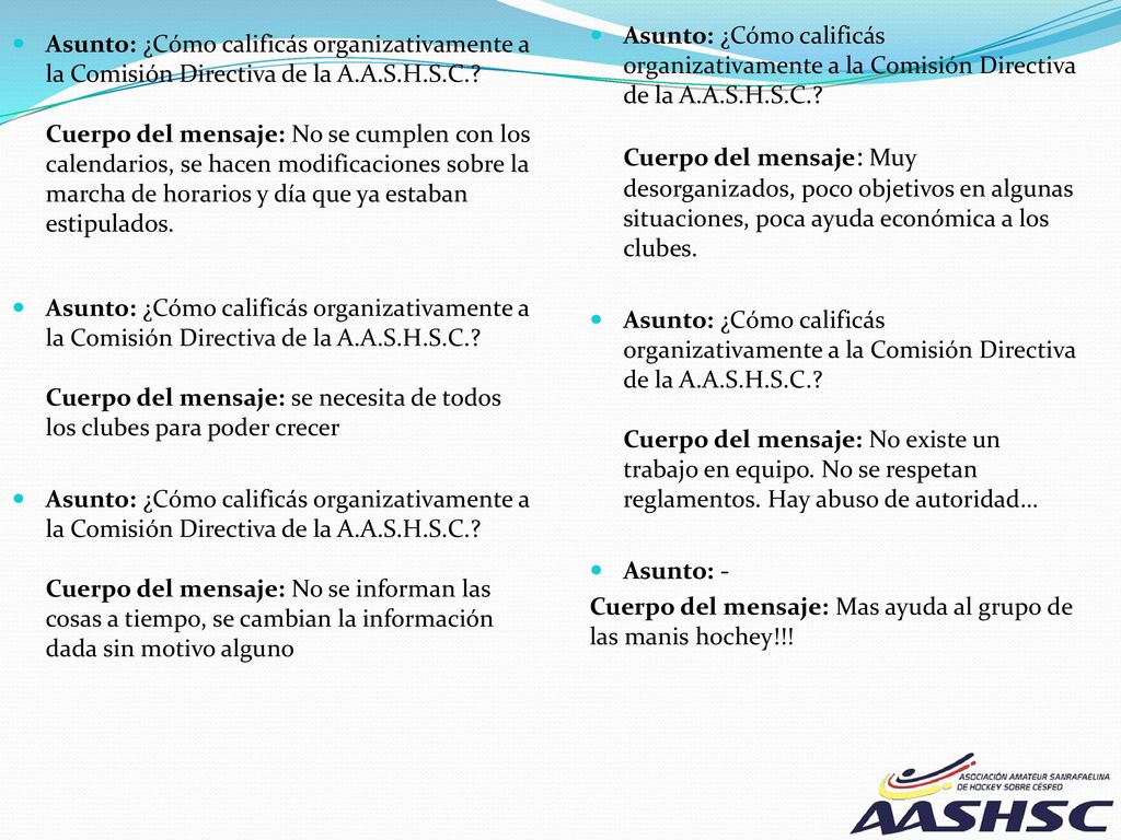 Asunto: ¿Cómo calificás organizativamente a la Comisión Directiva de la A.A.S.H.S.C. Cuerpo del mensaje: Muy desorganizados, poco objetivos en algunas situaciones, poca ayuda económica a los clubes.