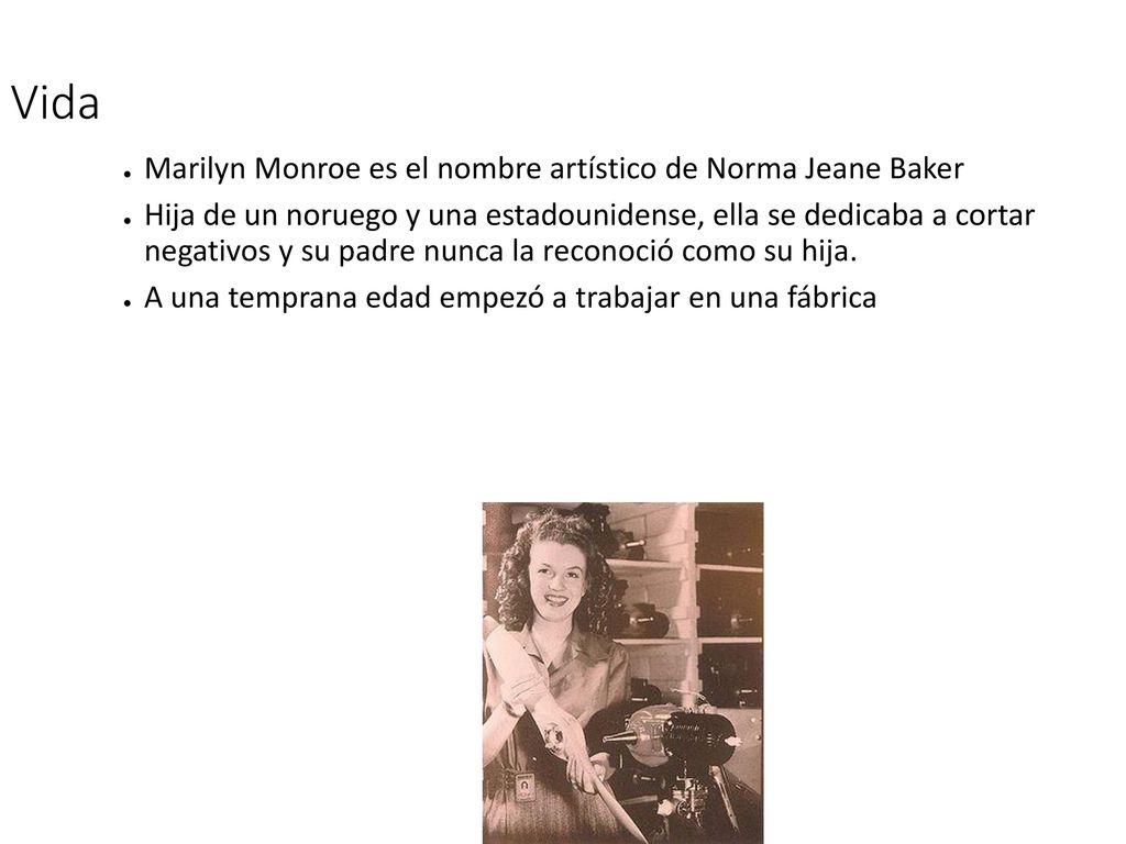 Vida Marilyn Monroe es el nombre artístico de Norma Jeane Baker