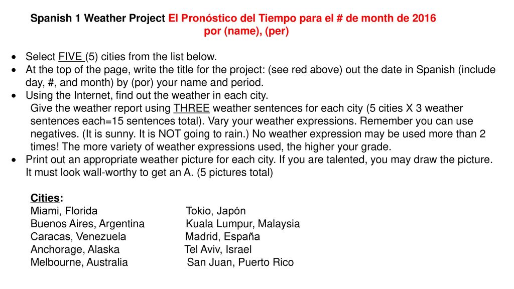Spanish 1 Weather Project El Pronóstico del Tiempo para el # de month de 2016