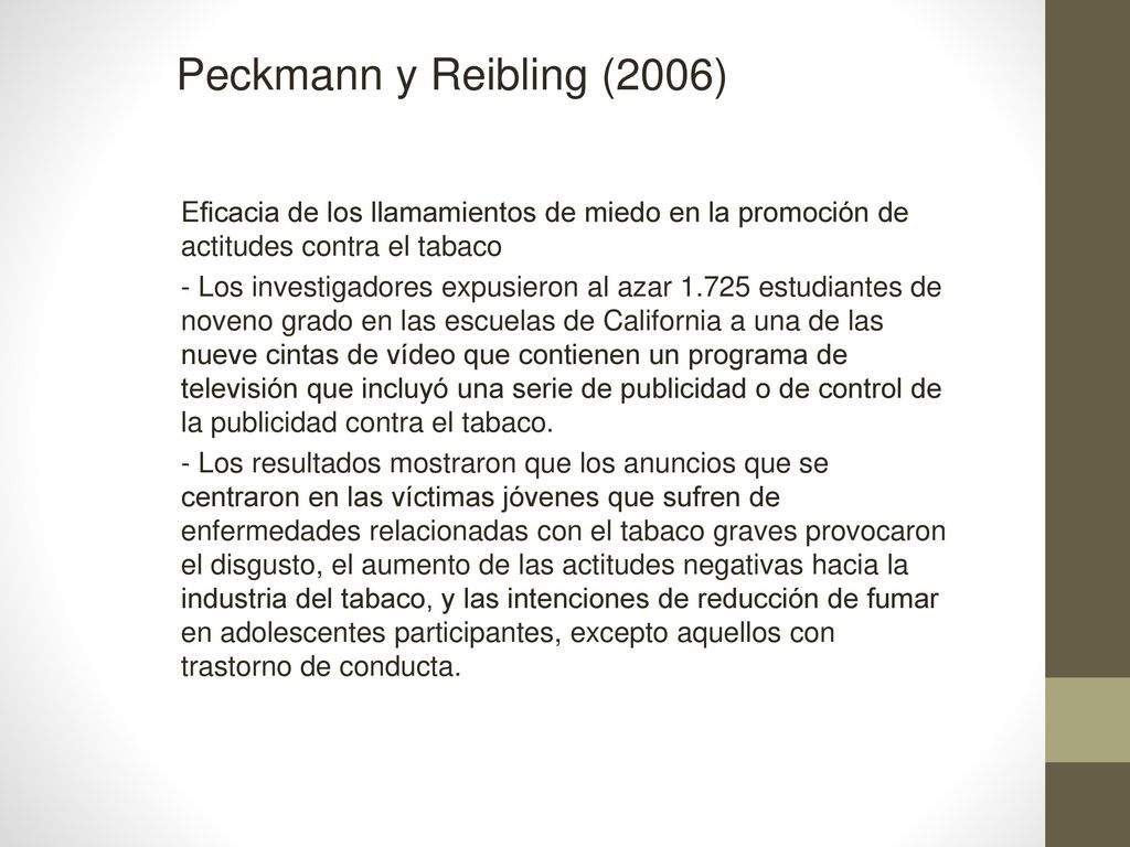 Peckmann y Reibling (2006) Eficacia de los llamamientos de miedo en la promoción de actitudes contra el tabaco.