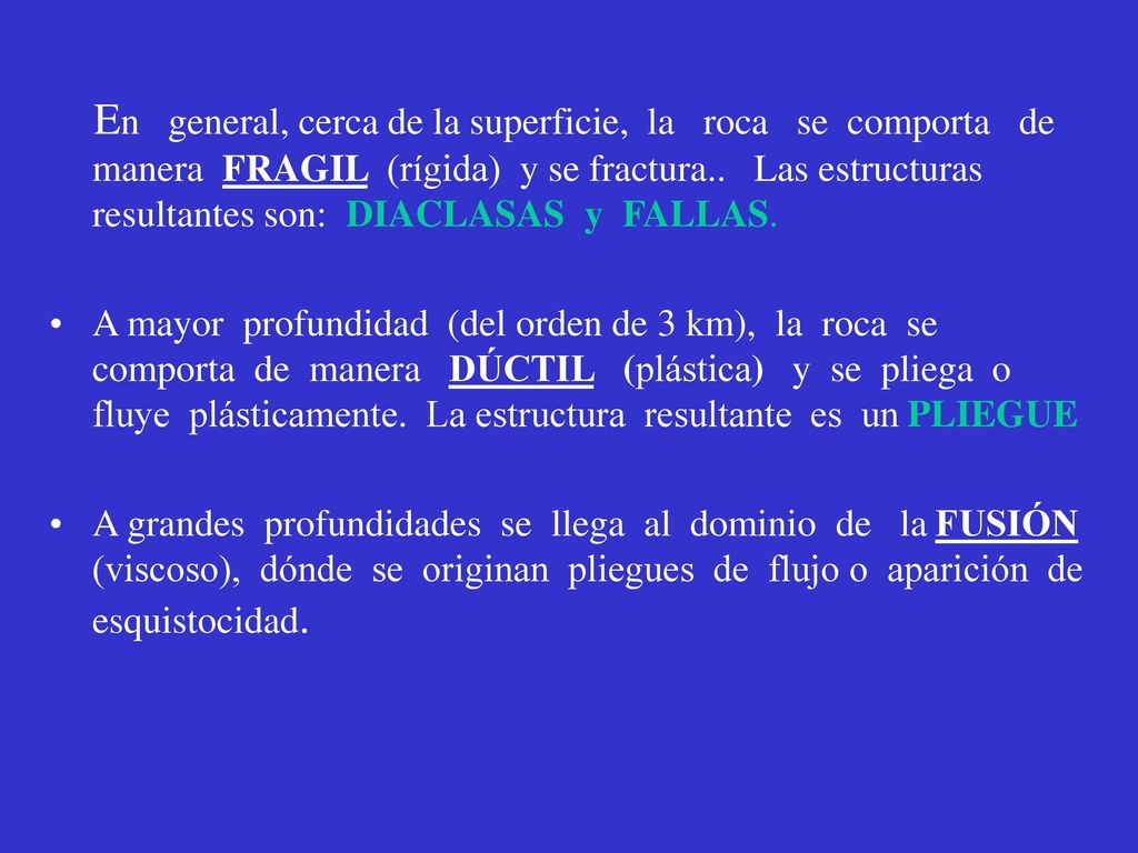 En general, cerca de la superficie, la roca se comporta de manera FRAGIL (rígida) y se fractura.. Las estructuras resultantes son: DIACLASAS y FALLAS.