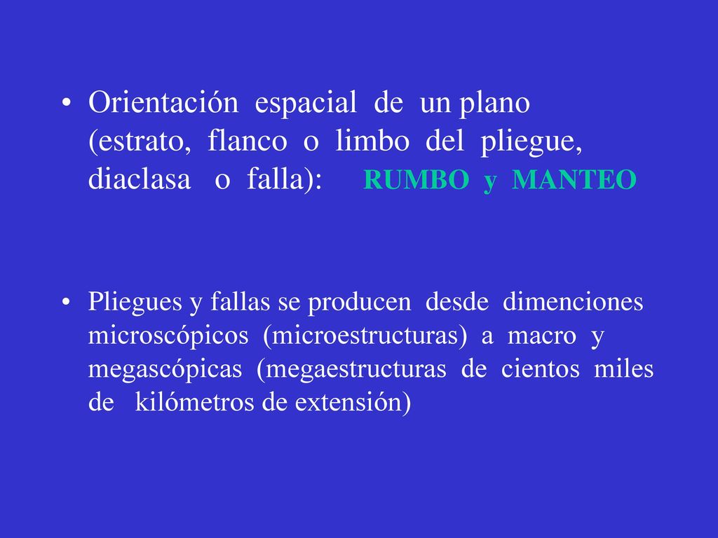 Orientación espacial de un plano (estrato, flanco o limbo del pliegue, diaclasa o falla): RUMBO y MANTEO