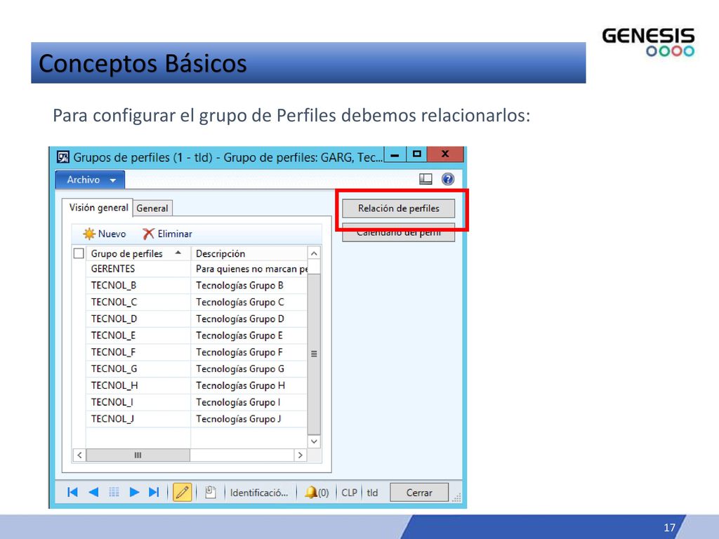 Conceptos Básicos Para configurar el grupo de Perfiles debemos relacionarlos:
