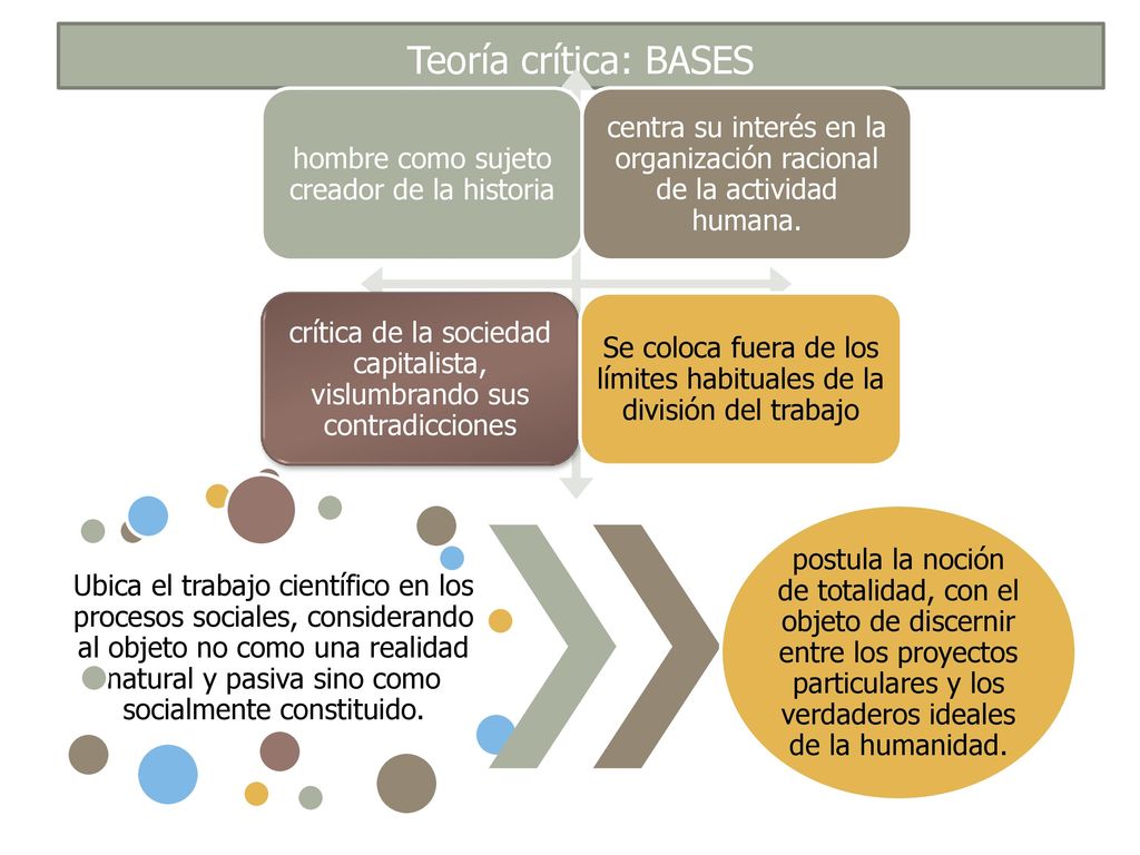 Teoría crítica: BASES hombre como sujeto creador de la historia. centra su interés en la organización racional de la actividad humana.