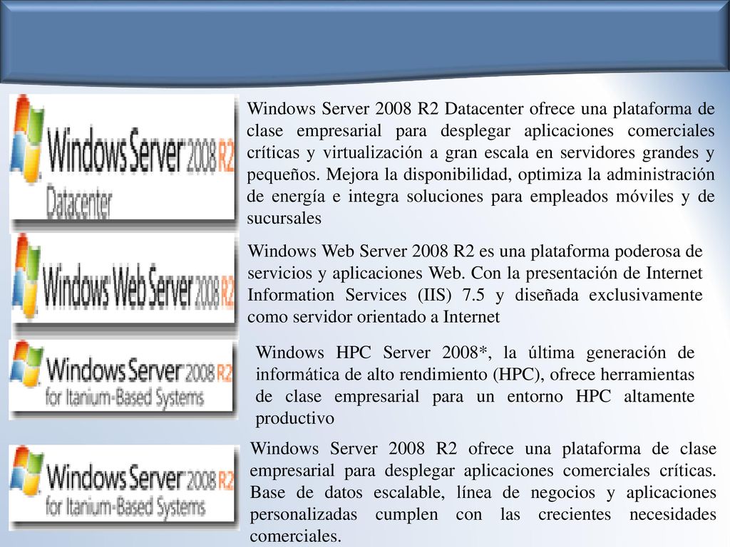 Windows Server 2008 R2 Datacenter ofrece una plataforma de clase empresarial para desplegar aplicaciones comerciales críticas y virtualización a gran escala en servidores grandes y pequeños. Mejora la disponibilidad, optimiza la administración de energía e integra soluciones para empleados móviles y de sucursales