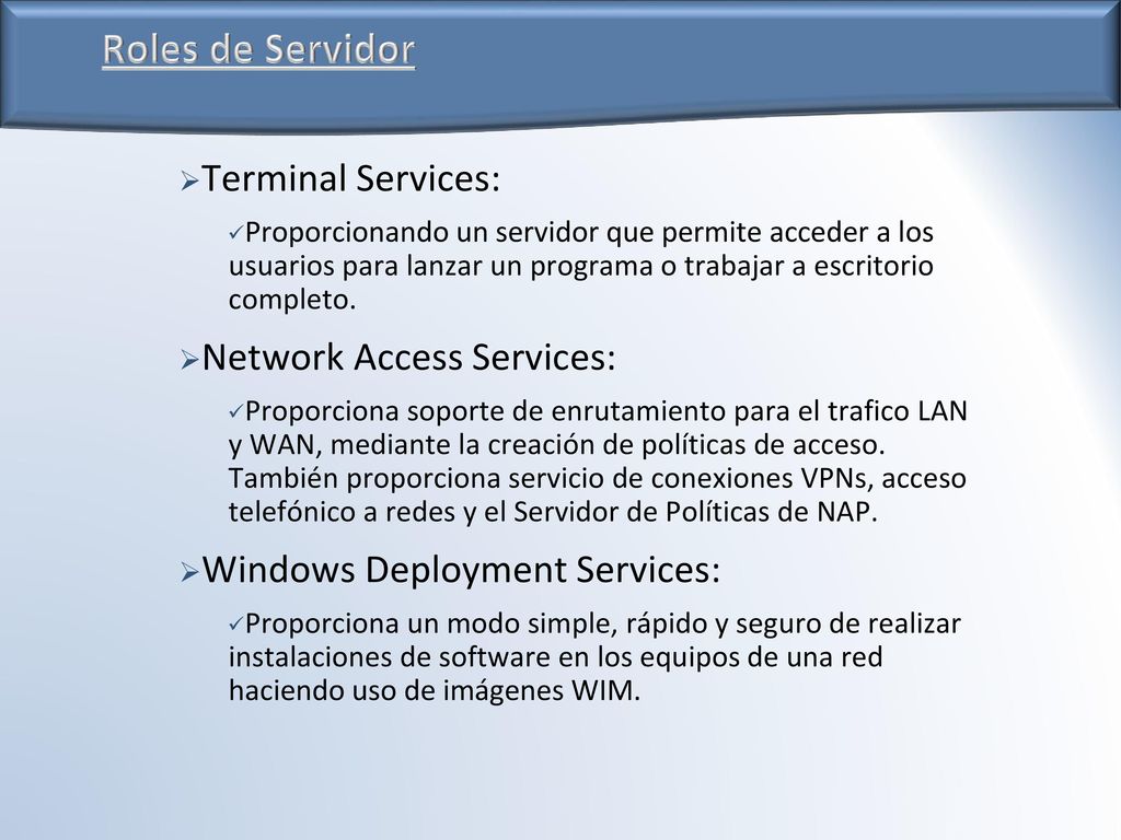 Roles de Servidor Terminal Services: Network Access Services: