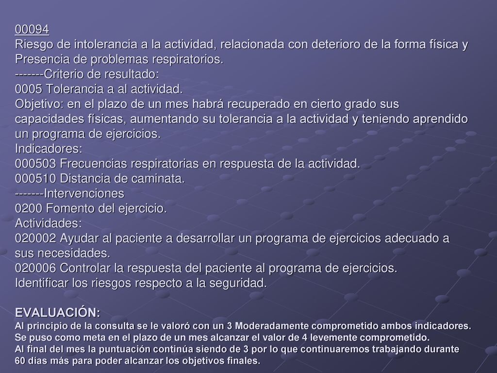 00094 Riesgo de intolerancia a la actividad, relacionada con deterioro de la forma física y Presencia de problemas respiratorios.
