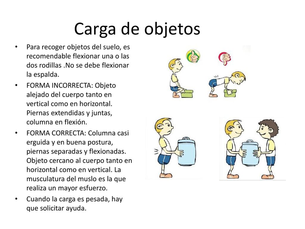 Carga de objetos Para recoger objetos del suelo, es recomendable flexionar una o las dos rodillas .No se debe flexionar la espalda.