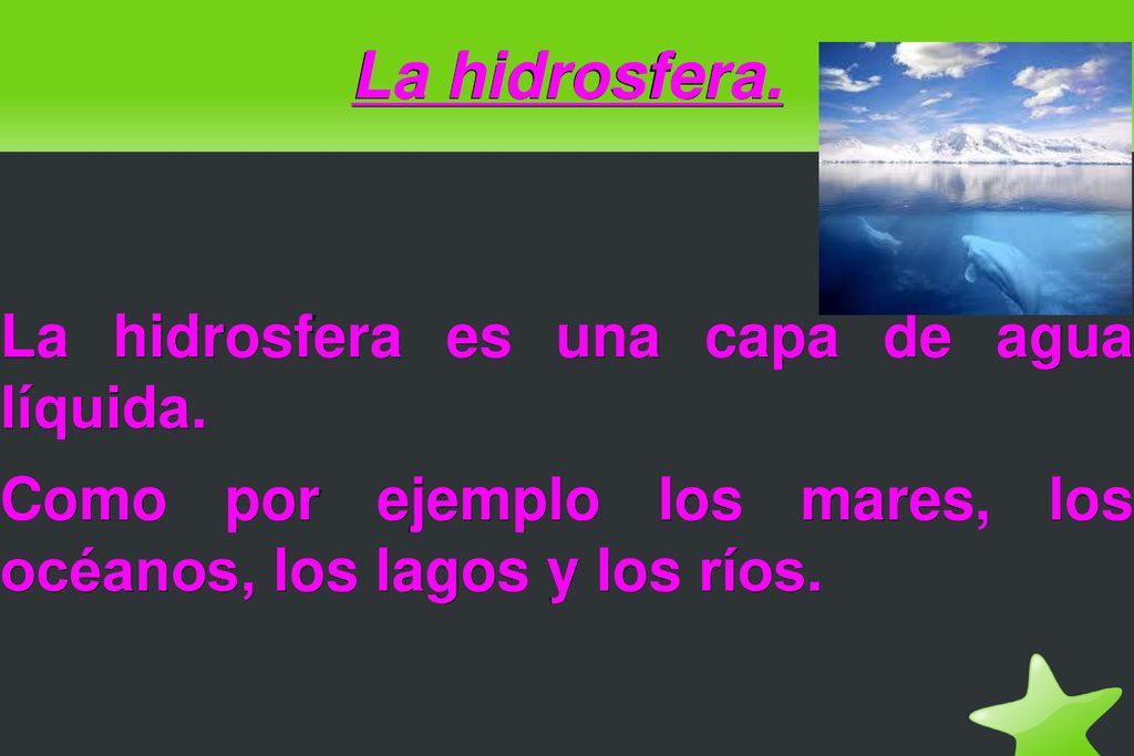 La hidrosfera. La hidrosfera es una capa de agua líquida.