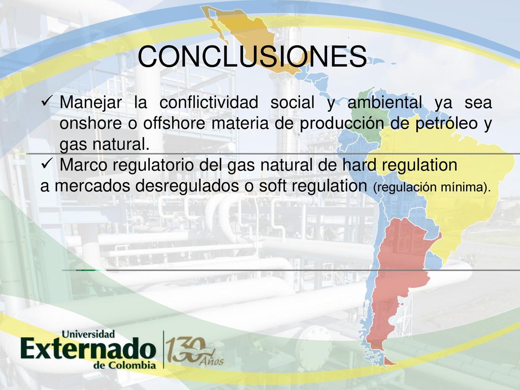 CONCLUSIONES Manejar la conflictividad social y ambiental ya sea onshore o offshore materia de producción de petróleo y gas natural.