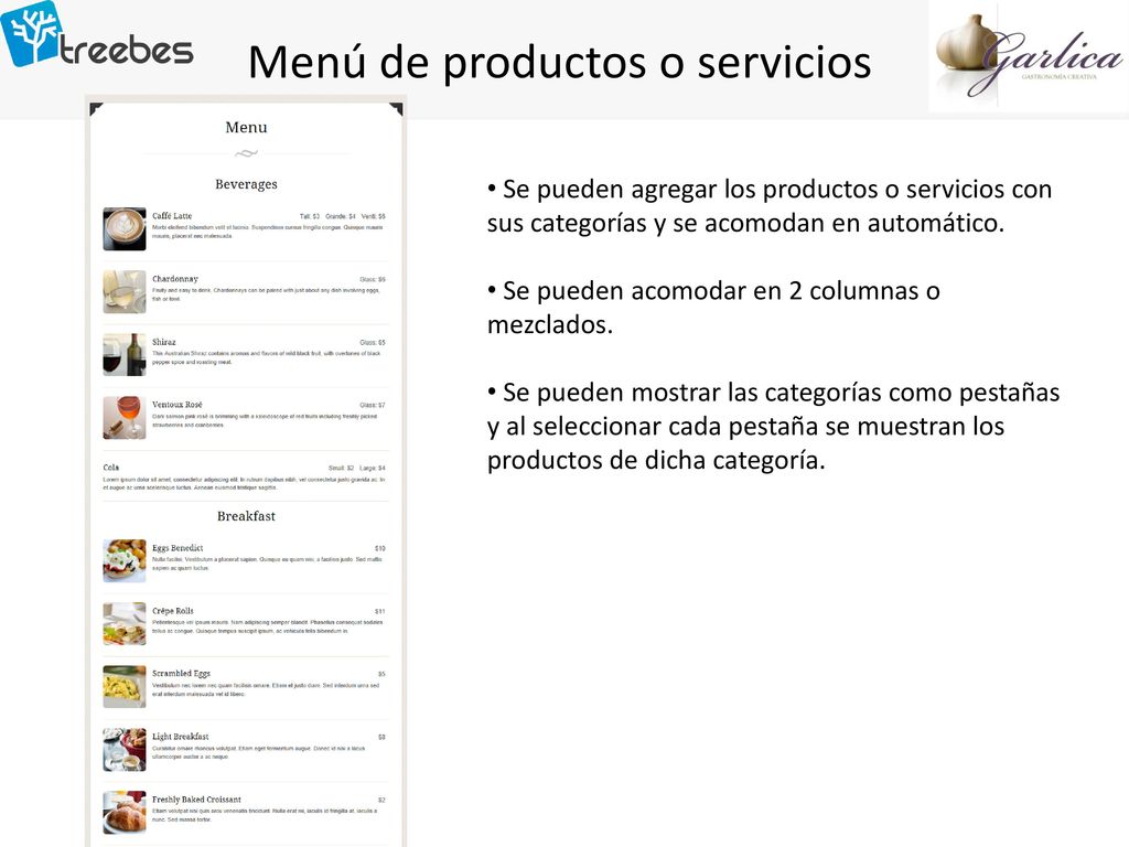 Menú de productos o servicios
