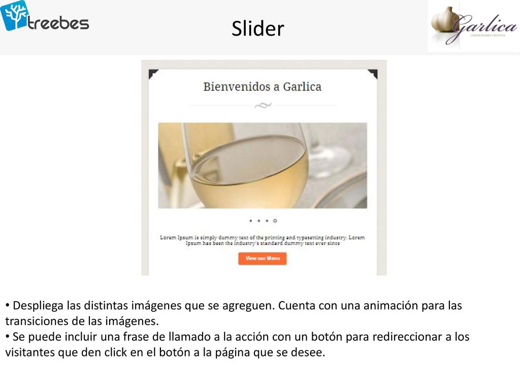 Slider Despliega las distintas imágenes que se agreguen. Cuenta con una animación para las transiciones de las imágenes.